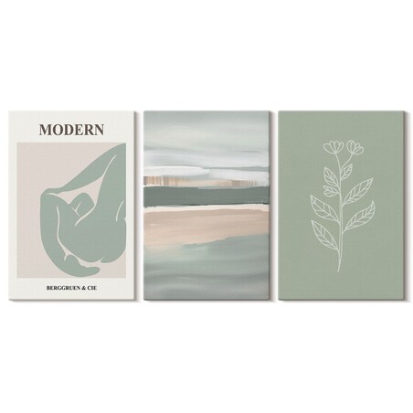 Zestaw 3 dużych obrazów na płótnie - Abstrakcyjne pastelowe kształty roślin - zielony