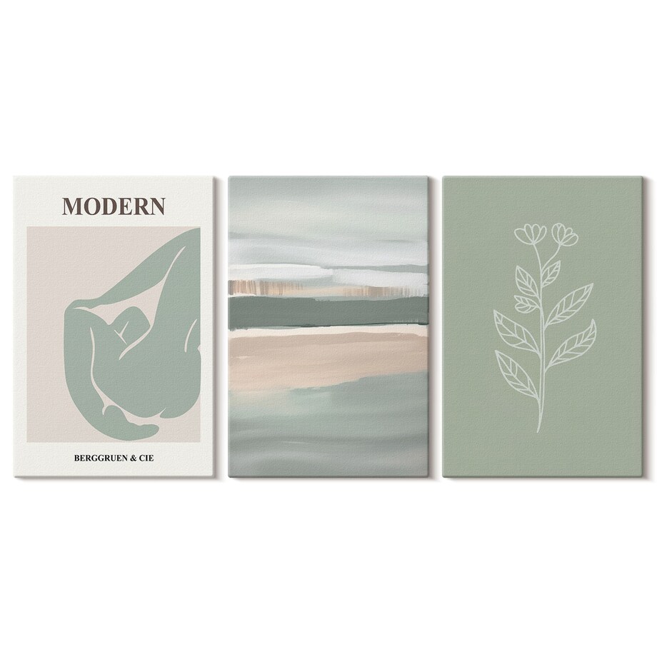 Zestaw 3 dużych obrazów na płótnie - Abstrakcyjne pastelowe kształty roślin - zielony
