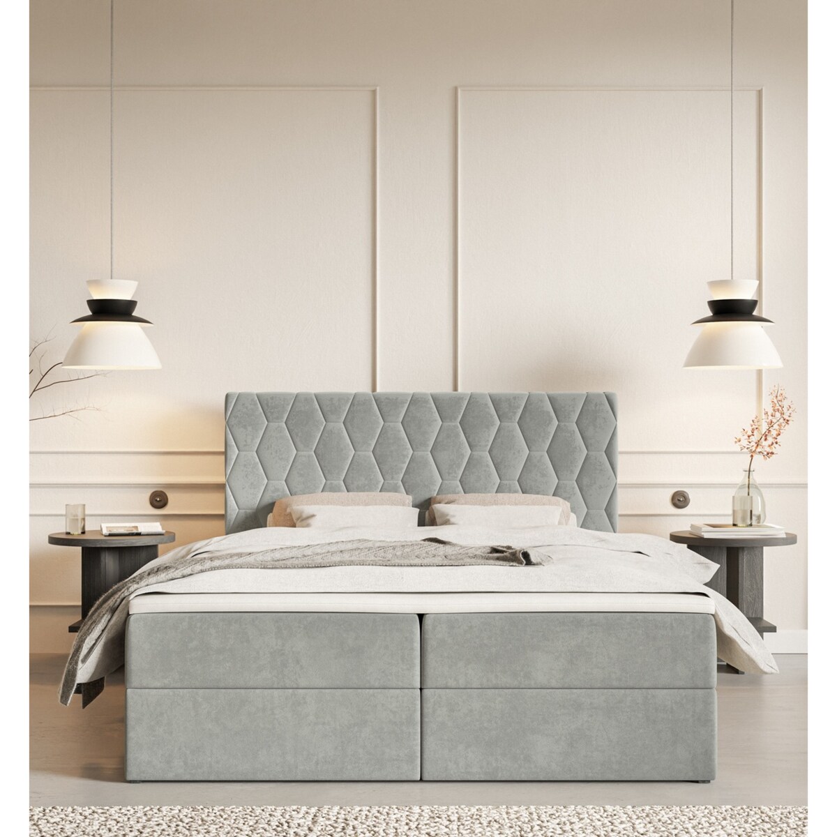 Łóżko kontynentalne G8 do sypialni 180x200 z pojemnikiem i materacem- szare