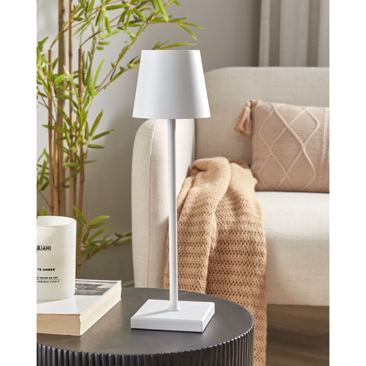 Bezprzewodowa lampa stołowa metalowa biała BACEIRO