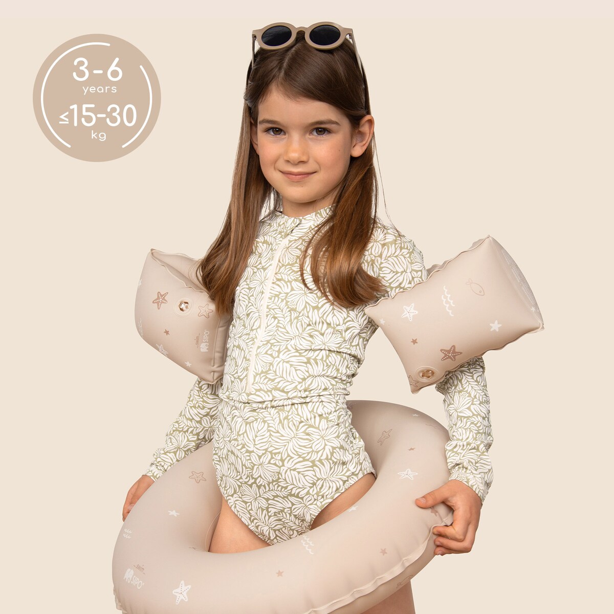 Sipo, Dmuchane Rękawki Do Pływania Dla Dzieci, Do Nauki Pływania, 3-6 Lat, 15-30 Kg, Beżowe