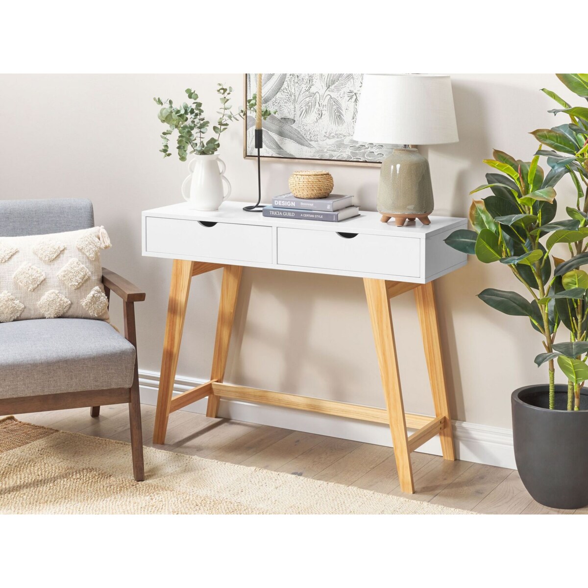 Konsola 2 szuflady biała z jasnym drewnem SULLY