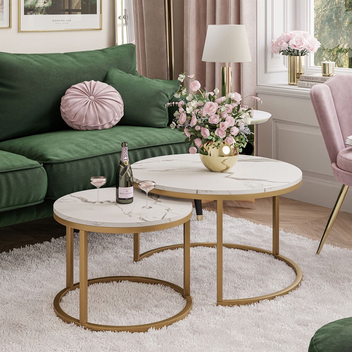 Stolik kawowy CORRIE 2w1 złoty biały marmur