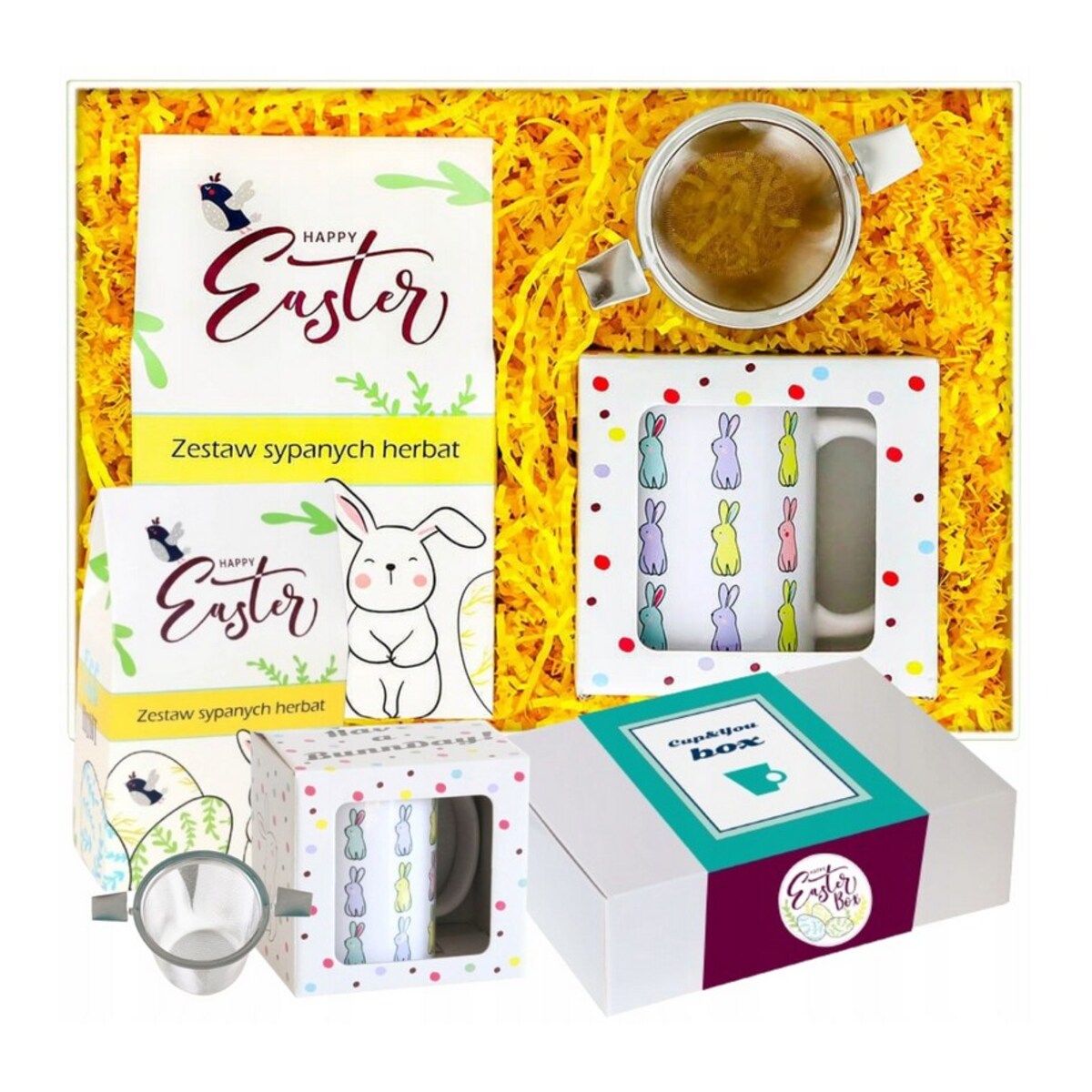 Box wielkanocny - zestaw herbat sypanych kubek zaparzacz ze stali nierdzewnej - paczka prezent upominek na Wielkanoc Zajączka dla kobiety faceta