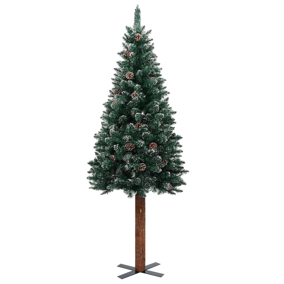vidaXL Smukła choinka z drewnem i śniegiem, zielona, 180 cm