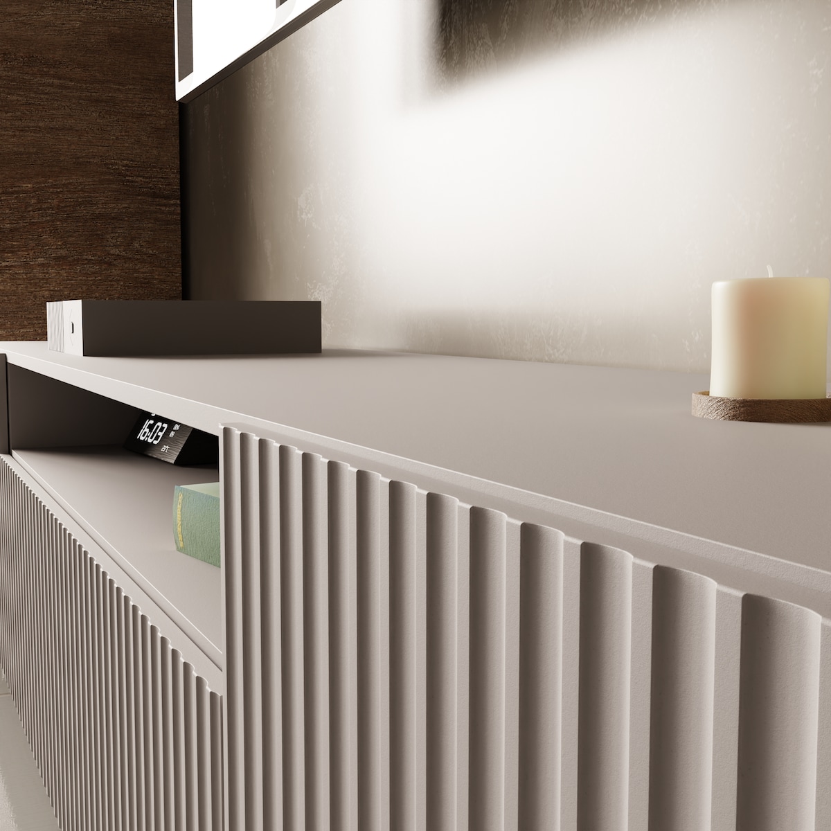 Stojąca szafka RTV NOELI pod telewizor, z ryflowanym frontem - kaszmirowa