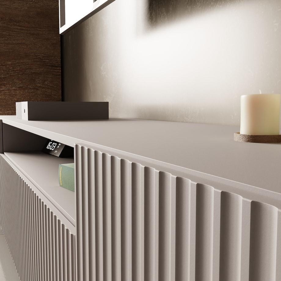 Stojąca szafka RTV NOELI pod telewizor, z ryflowanym frontem - kaszmirowa