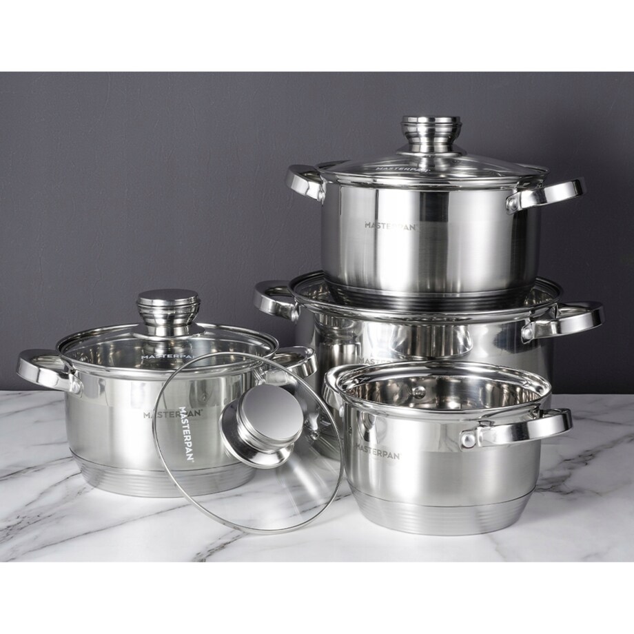 Komplet Zestaw Garnków Ze Stali Nierdzewnej Indukcja Gaz 8 El. Dno 7 Warstw