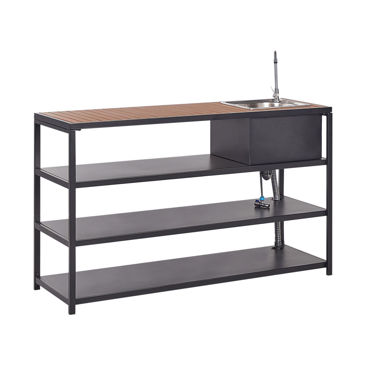 Kuchnia ogrodowa ze stołem barowym i zlewem czarna z jasnym drewnem AVETRANA