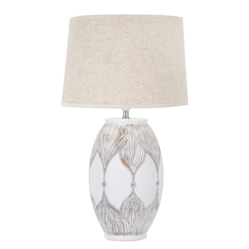 Lampa stołowa Oval Atene, kolor bielony i brązowy, żywica syntetyczna i żelazo, 38 x 38 x 67 cm, kształt owalny, 1 x E27, max. 40 W, Mauro Ferretti