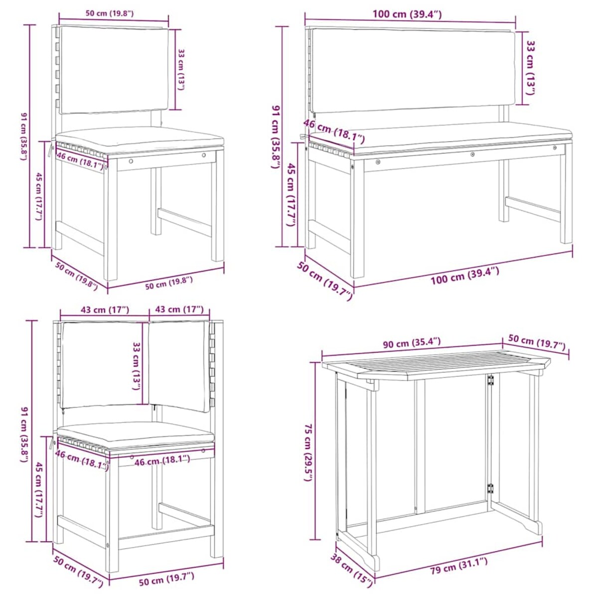 vidaXL Zestaw Bistro Ogrodowego 6 pcs Brązowy lite drewno akacjowe
