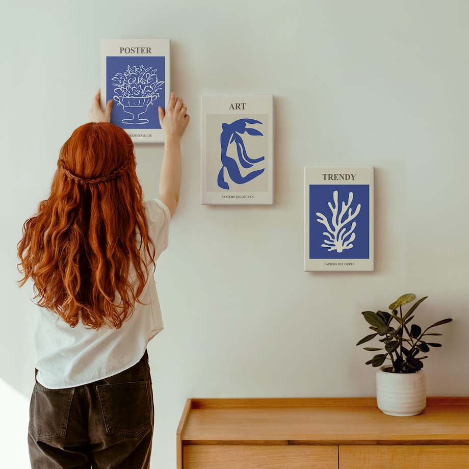 Zestaw 3 małych obrazów na płótnie - Abstrakcyjne plakaty Matisse boho - niebieski