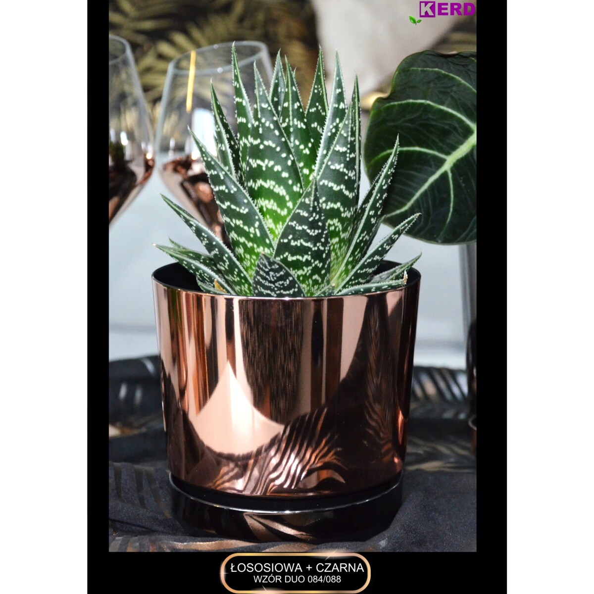 16 Doniczka DUO ŁOSOSIOWA z podstawką CZARNA dwukolorowa nowoczesna glamour wysoki połysk elegancka różowe złoto industrialny loft