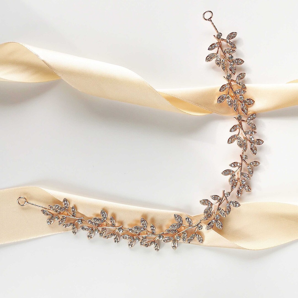 Gałązka opaska różowe złoto z listkami i cyrkoniami