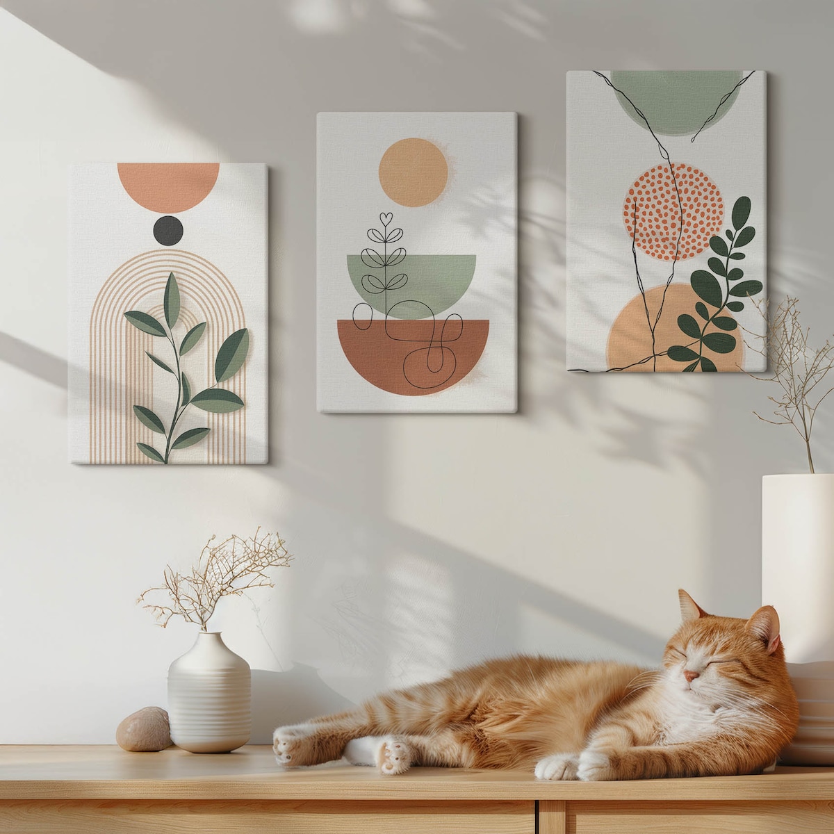 Zestaw 3 małych obrazów na płótnie - Abstrakcyjne roślinne kształty boho - beżowy