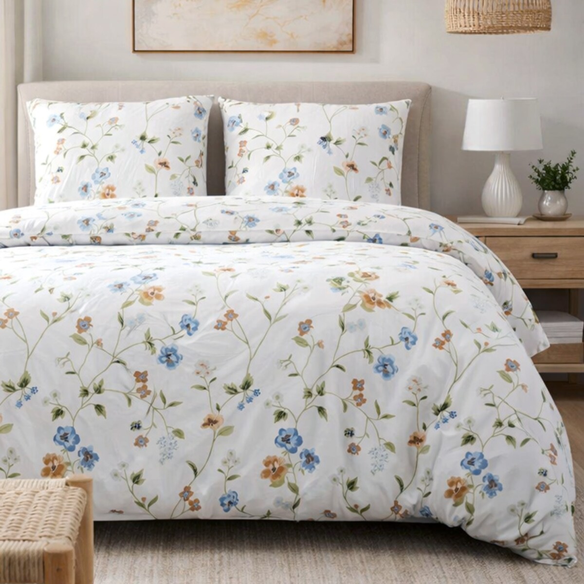 Pościel bawełniana 140x200 Meadowe biała w kolorowe kwiaty, Cottonlove