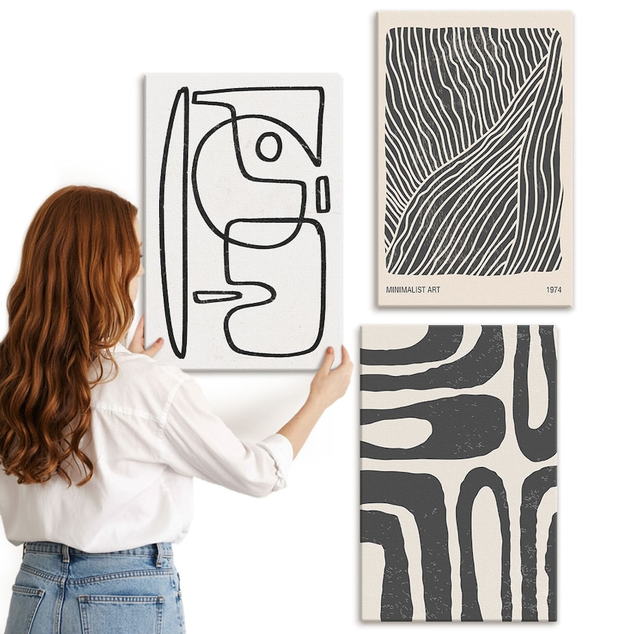 Zestaw 3 dużych obrazów na płótnie - Abstrakcyjne wzory linie tekstury boho - czarno-biały