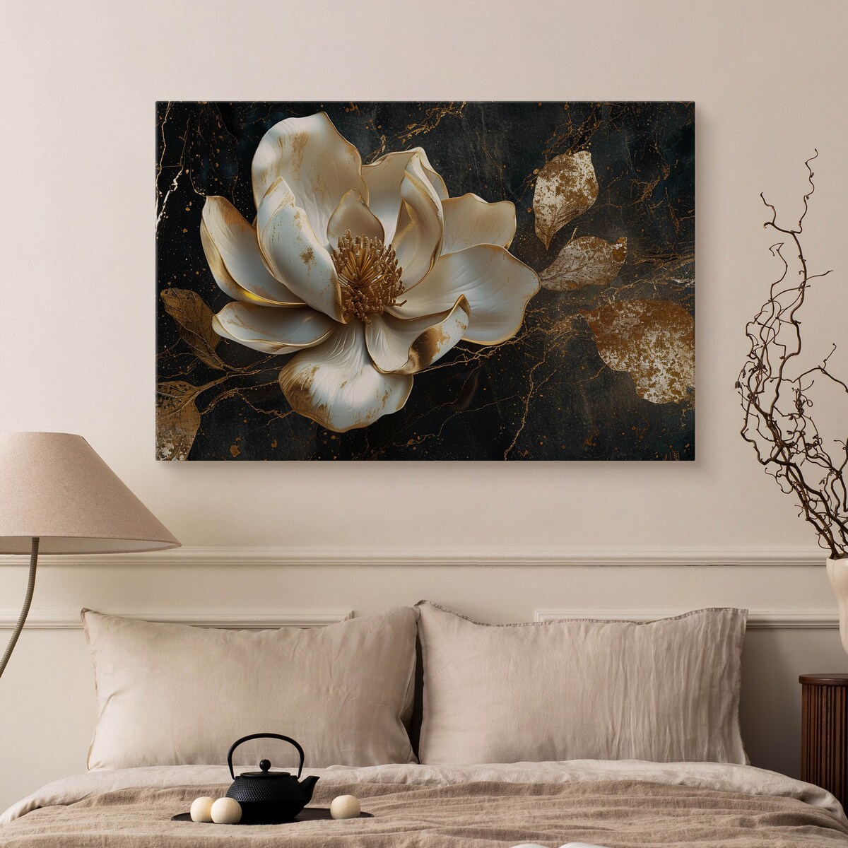 OBRAZ CANVAS DO SALONU SYPIALNI BIAŁY KWIAT MARMUR ABSTRAKCJA 120x80cm