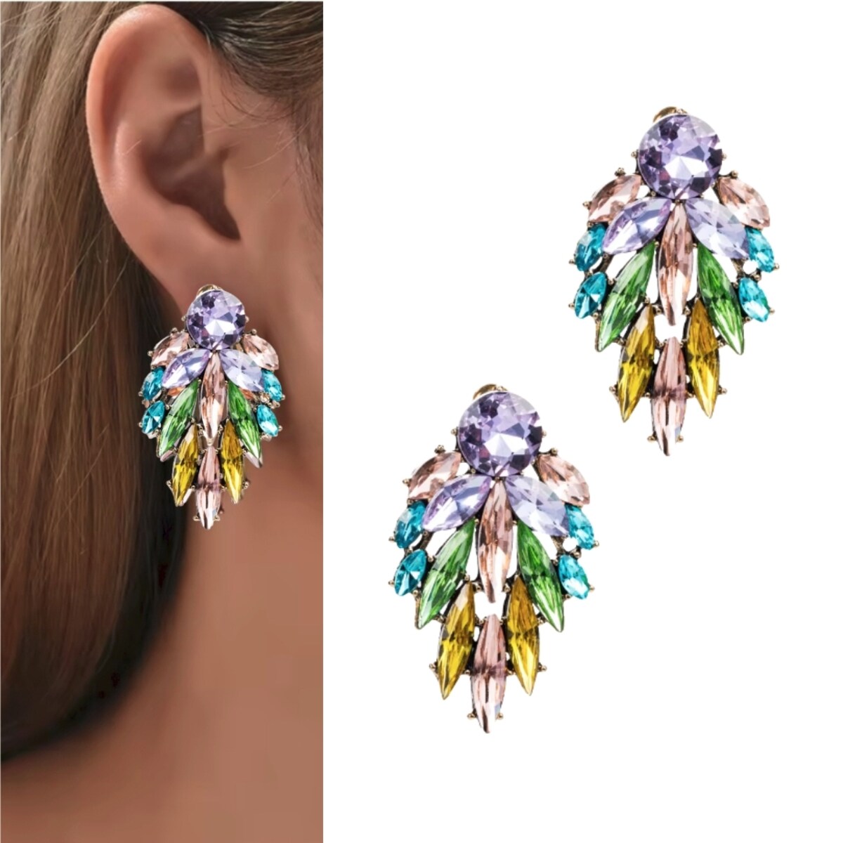 Kolczyki złote fioletowe kolorowe zielone sztyfty cyrkoniowe wizytowe