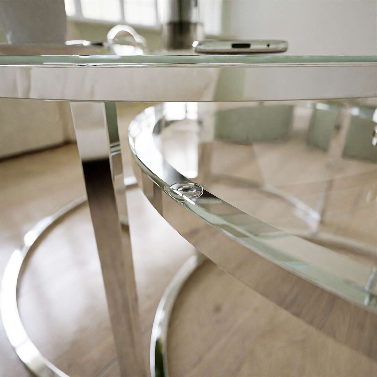 Okrągły stolik kawowy CIRI 2w1 chrom szklany blat