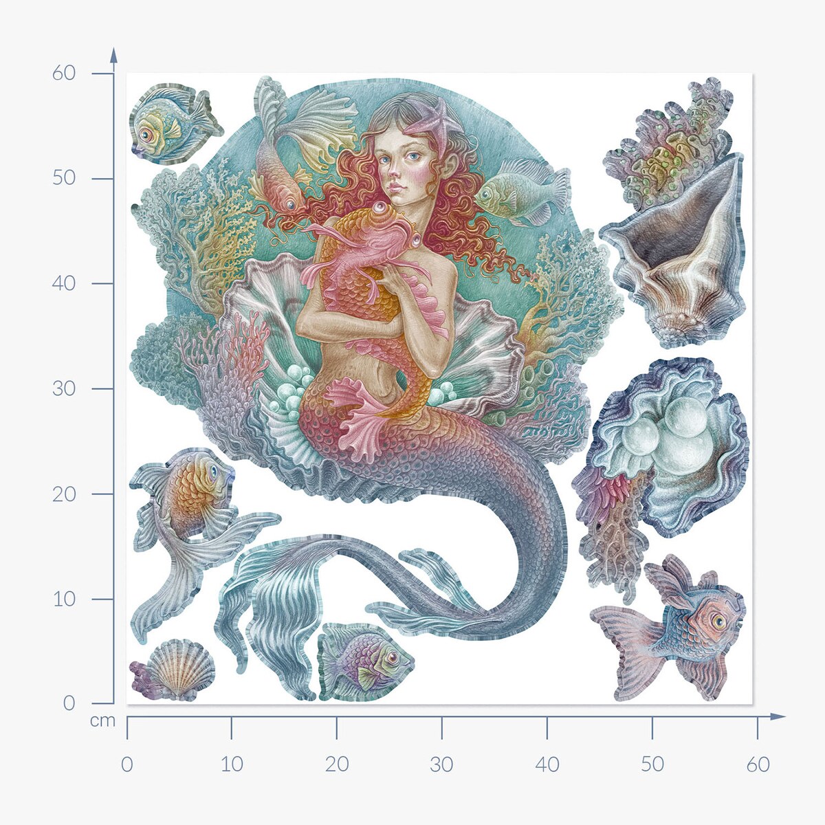 Zestaw naklejek na ścianę, Syrena świat rysunkowy, 60cm