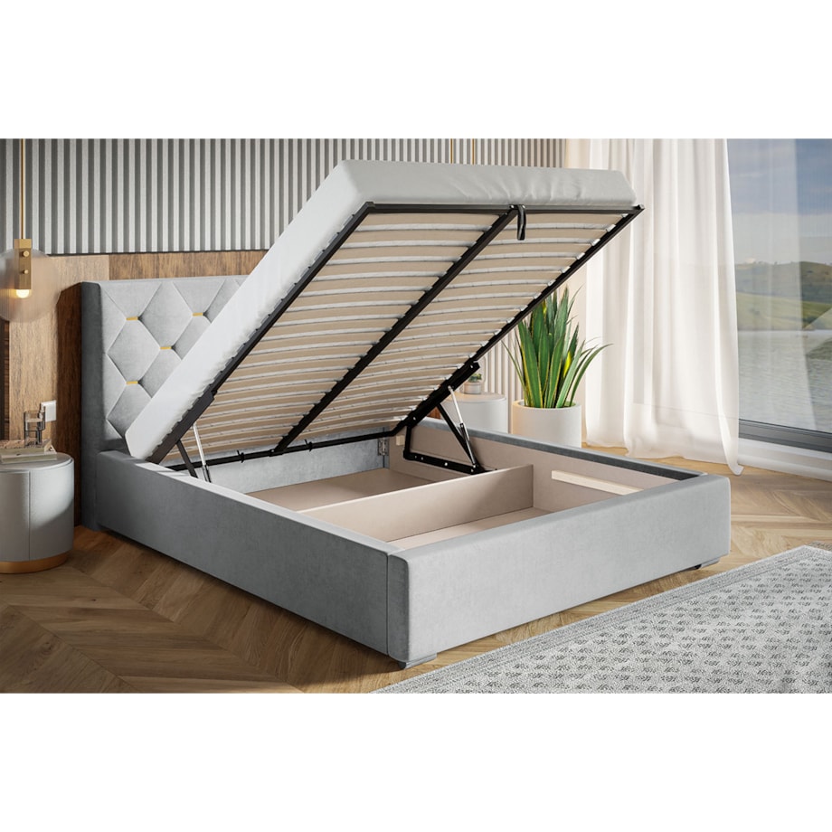 Łóżko sypialniane 200x200 BEN 17 stelaż metelowy, z pojemnikiem- granatowe