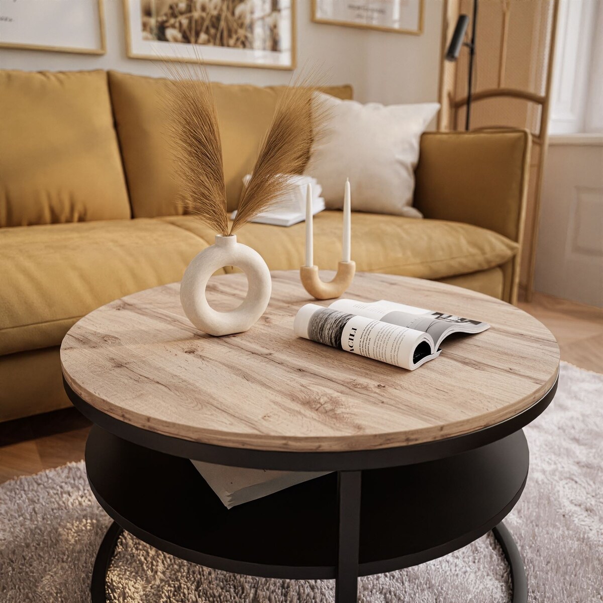 Stolik kawowy CIRI z półką czarny dąb wotan