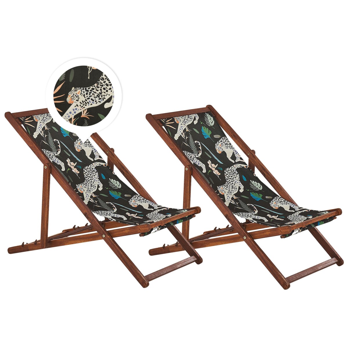 Zestaw 2 leżaków ogrodowych ciemne drewno akacjowe wzór w zwierzęta ANZIO