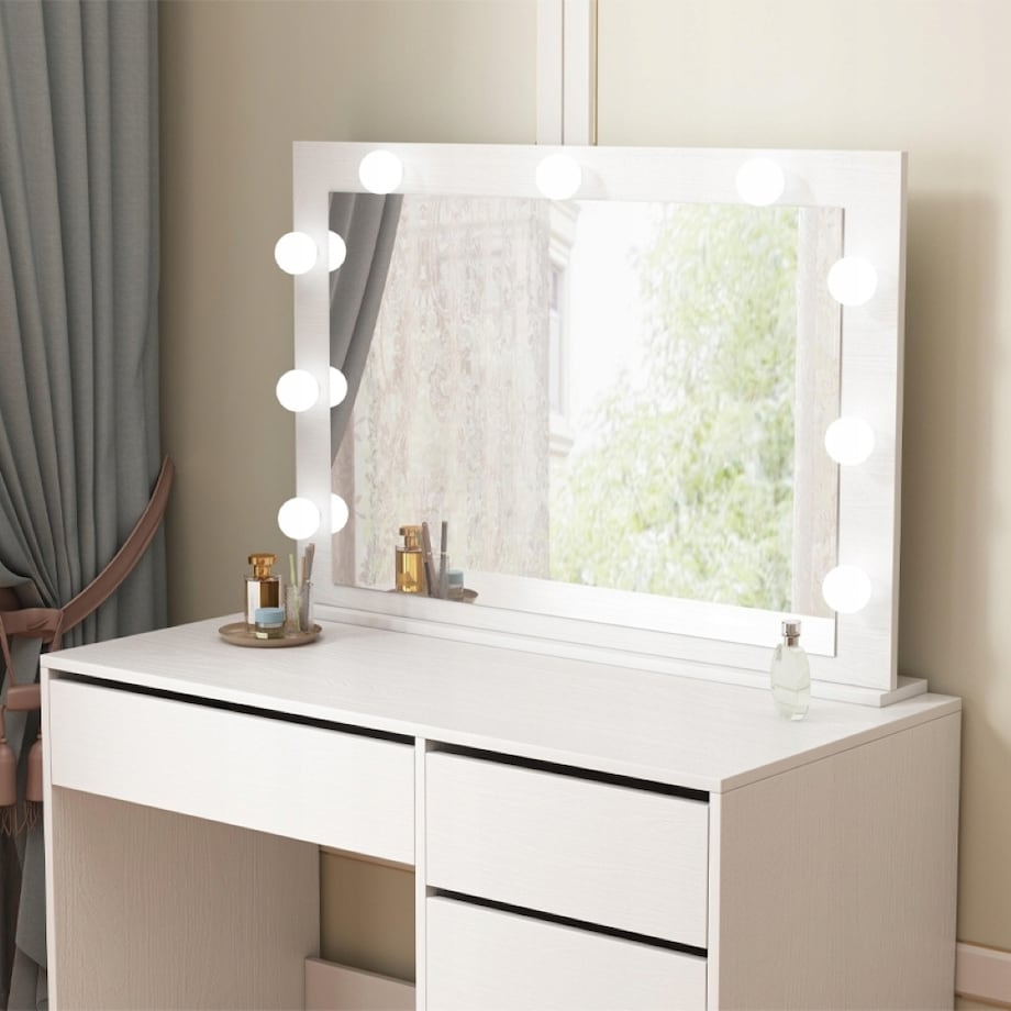 Toaletka kosmetyczna makijażu wizażu z lustrem led nowoczesna glamour biała