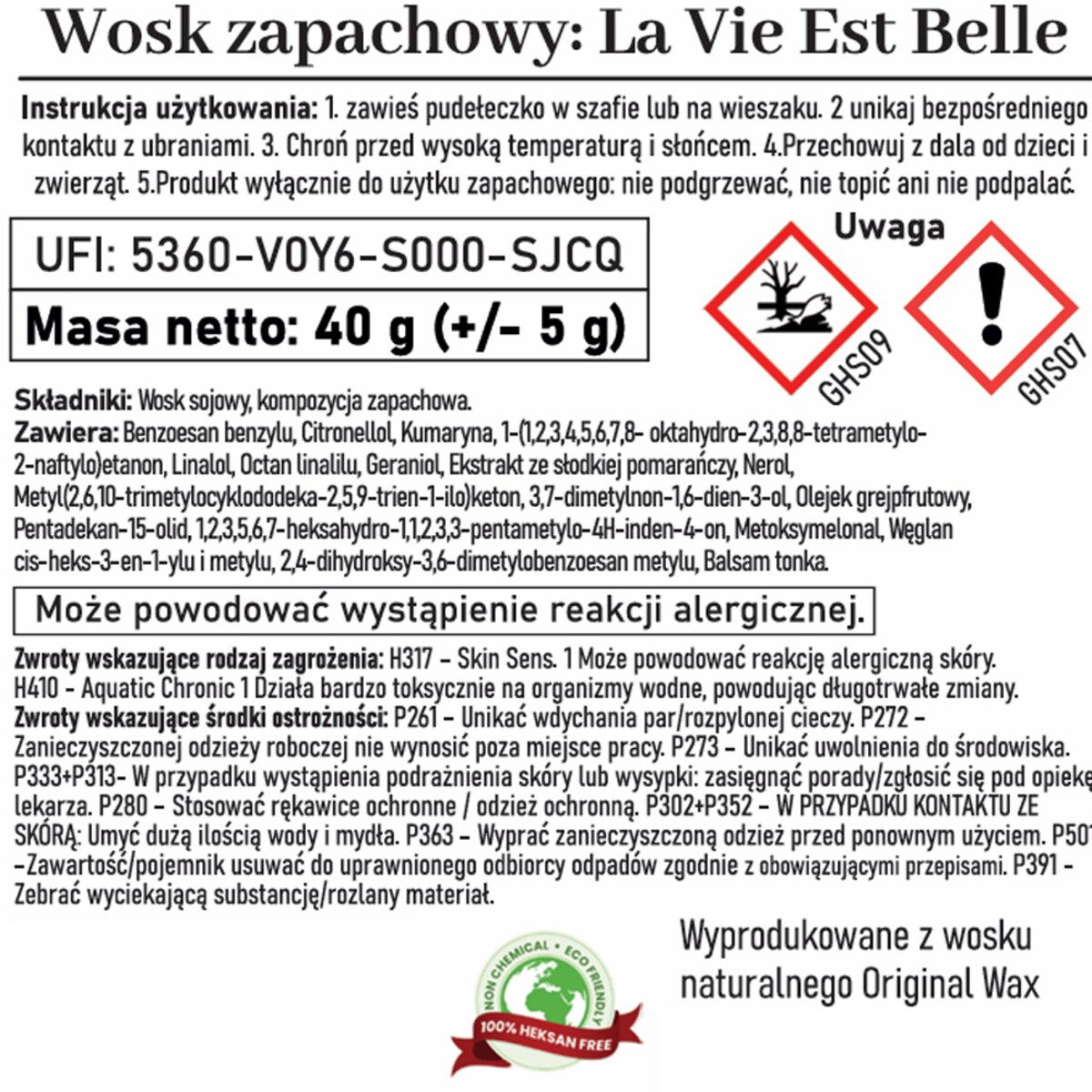 Zapachowa zawieszka do szafy wosk sojowy La Vie Est Belle