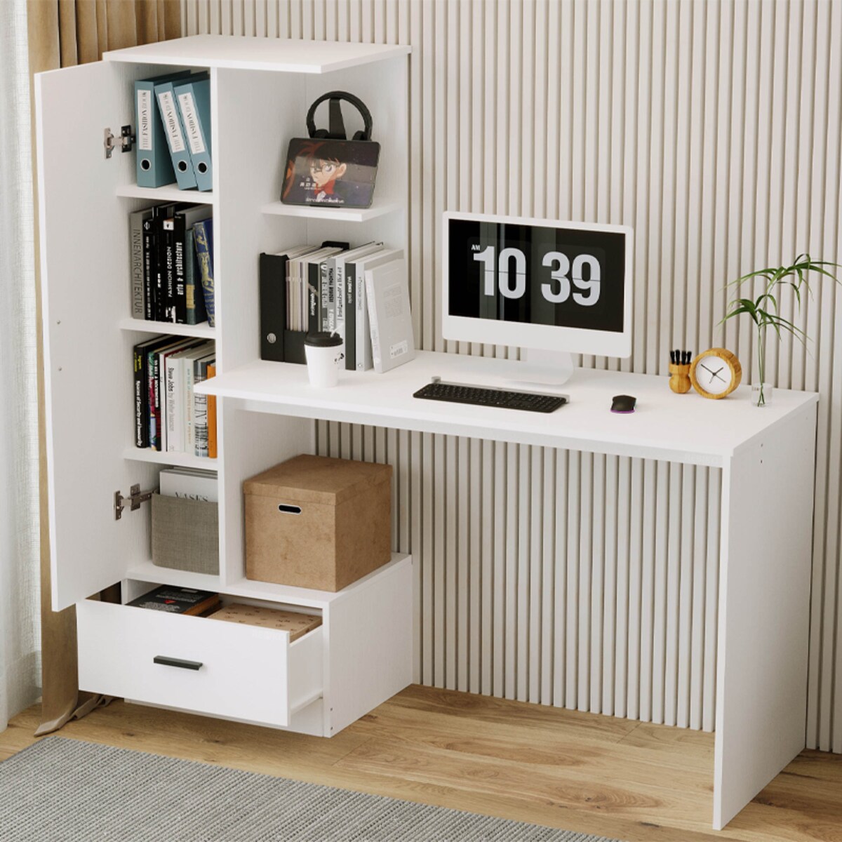 Biurko komputerowe z regałem do biura pokoju biały nowoczesne loft 142 cm