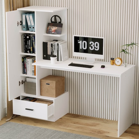 Biurko komputerowe z regałem do biura pokoju biały nowoczesne loft 142 cm