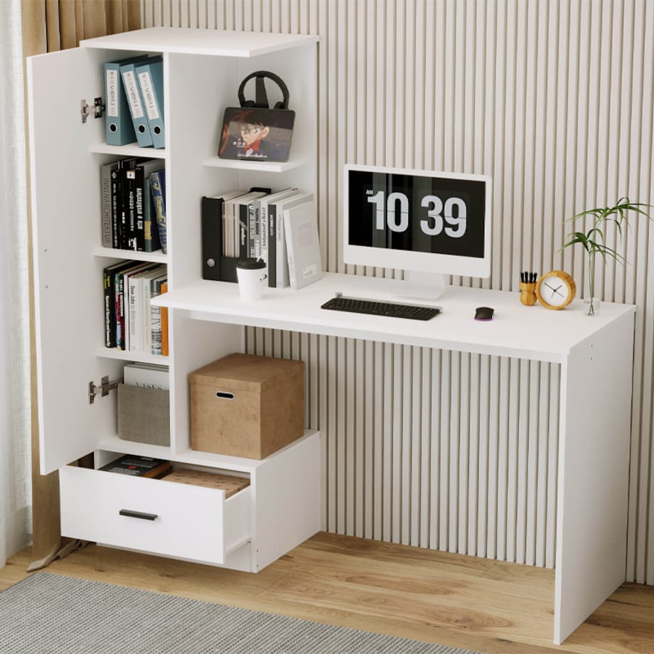 Biurko komputerowe z regałem do biura pokoju biały nowoczesne loft 142 cm