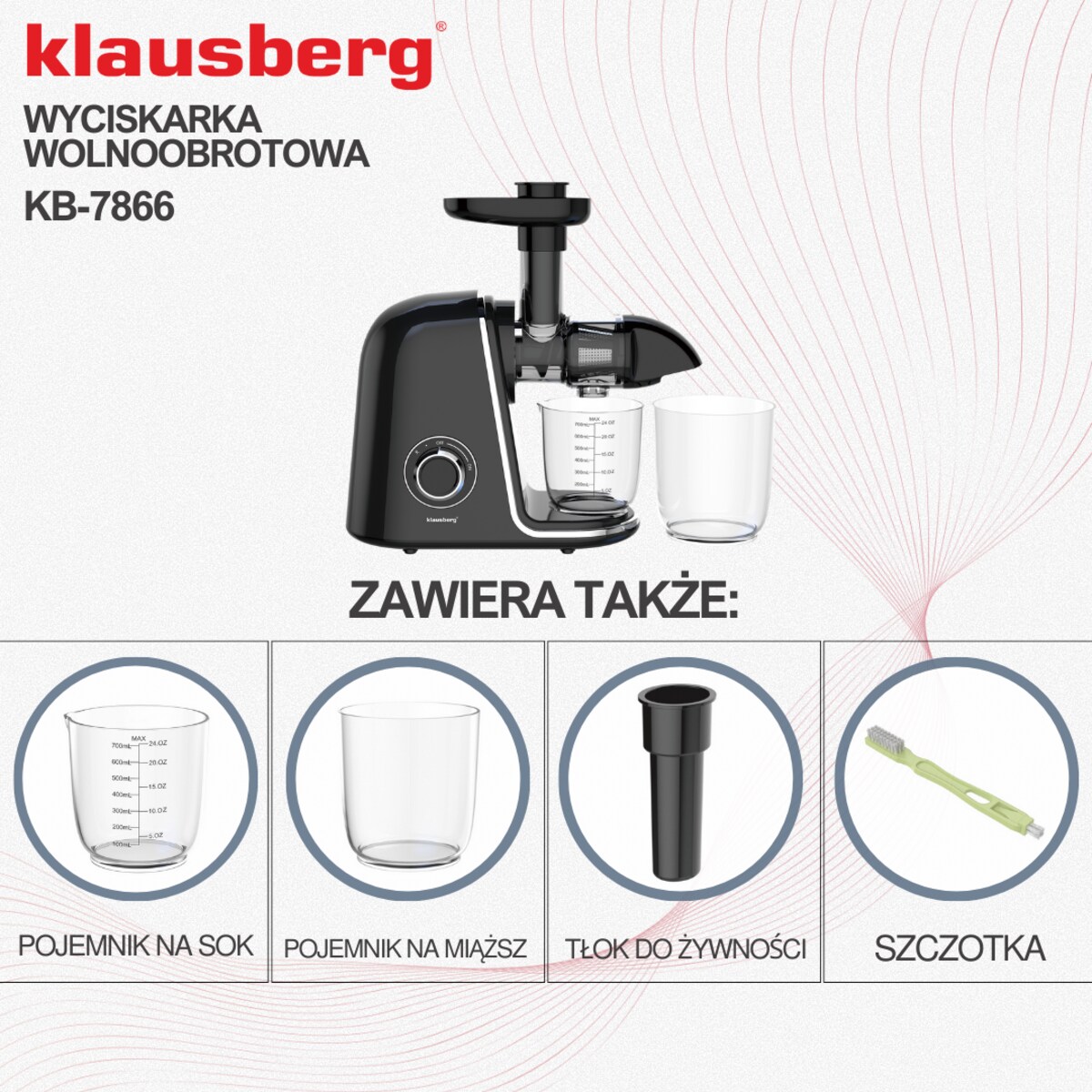 Sokowirówka wolnoobrotowa 150W do owoców i warzyw COLD PRESS KLAUSBERG KB-7866