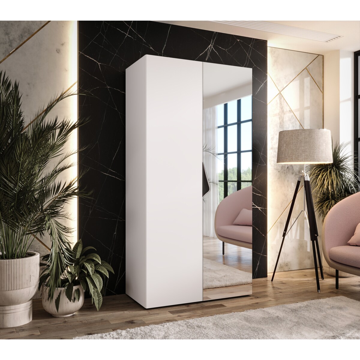Szafa uchylna z lustrem Sandi 2 100 wys 202 cm Biały + u Czarny