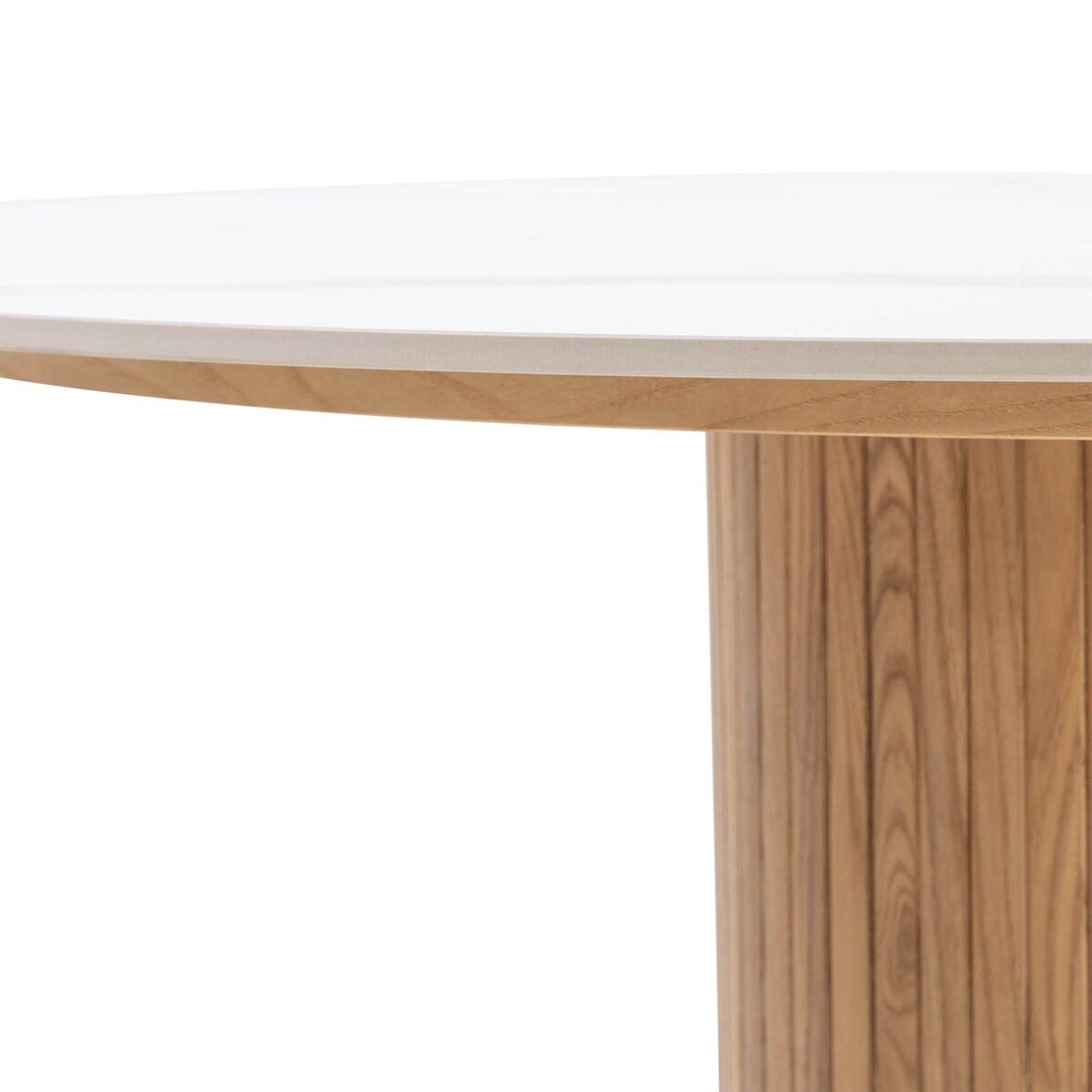 Stół okrągły lamele, efekt białego marmuru, spiek, jesion