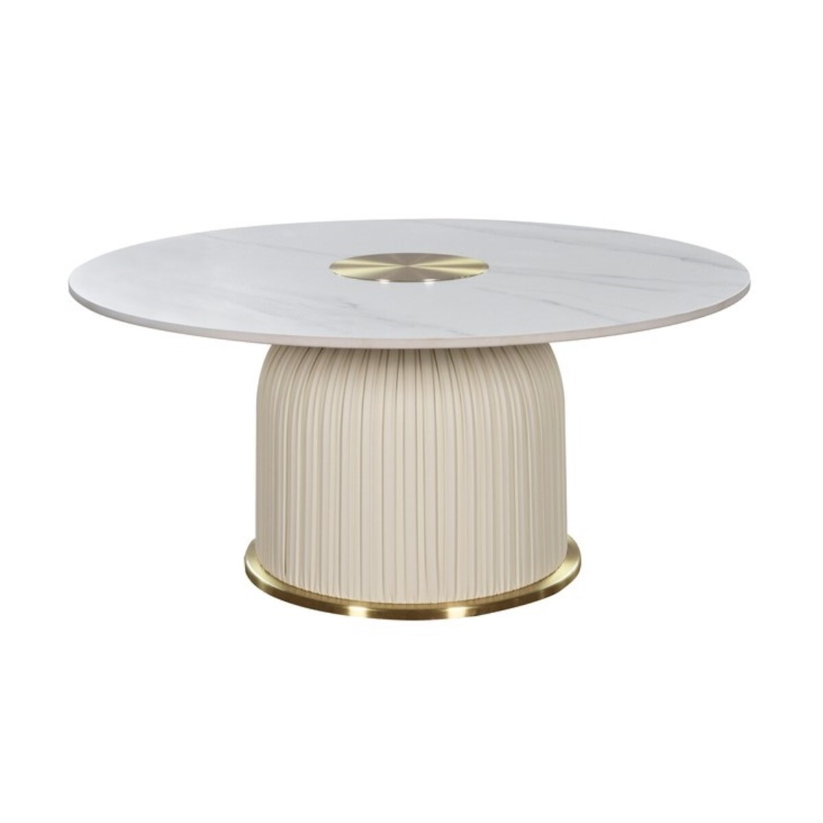 Nowoczesny złoty stolik kawowy okrągły plisowany Premium Blanka z kamiennym blatem o wzorze marmuru 80x80x37