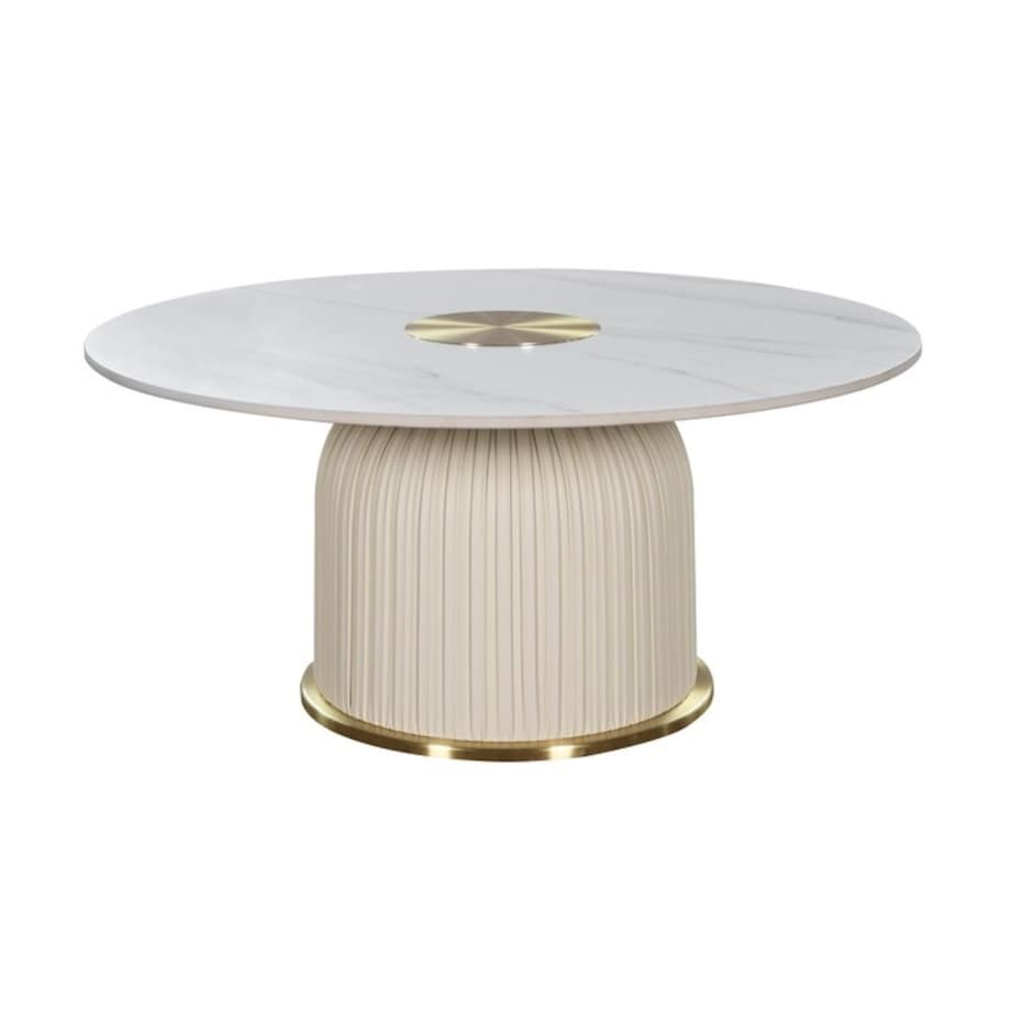 Nowoczesny złoty stolik kawowy okrągły plisowany Premium Blanka z kamiennym blatem o wzorze marmuru 80x80x37