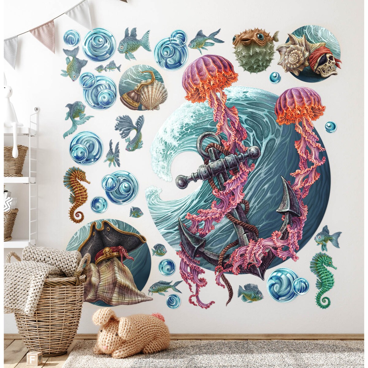 Zestaw naklejek na ścianę, Podwodny świat meduzy, 80cm