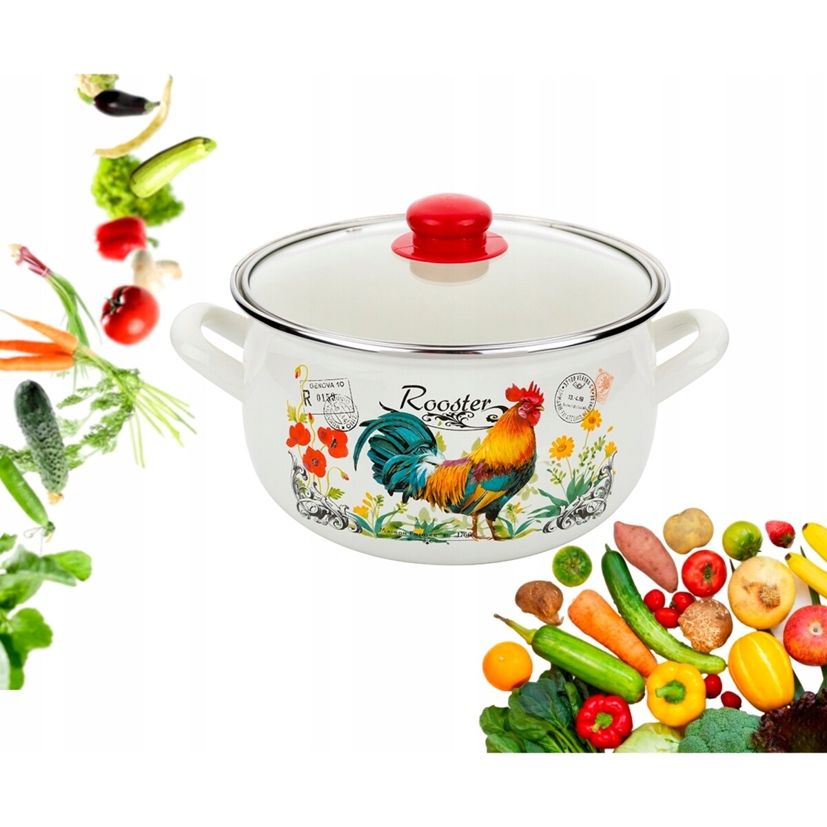 GARNEK EMALIOWANY KOGUCIK 20 cm 4 L kuchenny do gotowania obiad zupa dekor