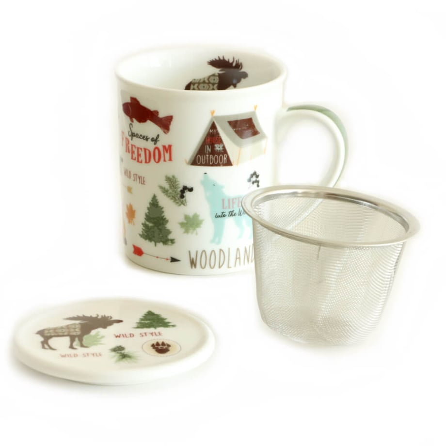 Kubek WOODLAND z zaparzaczem i pokrywką - uroczy gadżet zestaw do parzenia herbaty prezent podarunek na każdą okazję