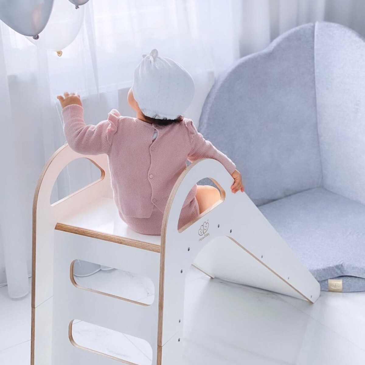 MeowBaby® Drewniana Zjeżdżalnia dla Dziecka do pokoju 87x46cm Montessori, Biała