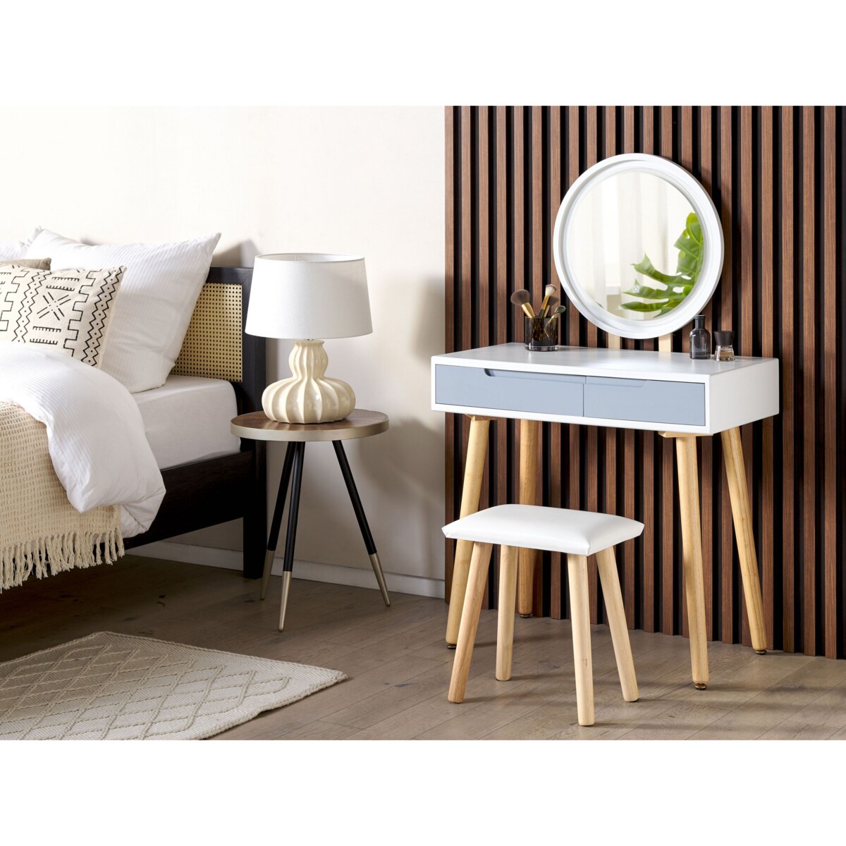 Toaletka 2 szuflady lustro LED ze stołkiem biało-szara JOSSELIN