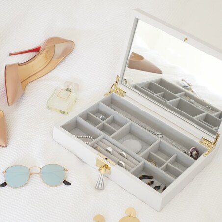 Szkatułka na biżuterię Loves Luxury biała z pokrywką i lusterkiem