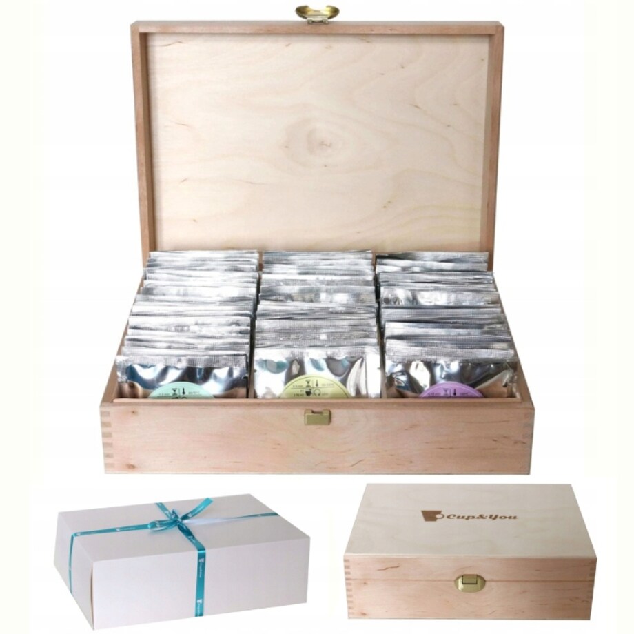 Drewniana solidna herbaciarka - zestaw 60szt różnych herbat sypanych liściastych w saszetkach - na prezent upominek dla kobiety faceta mamy taty babci dziadka