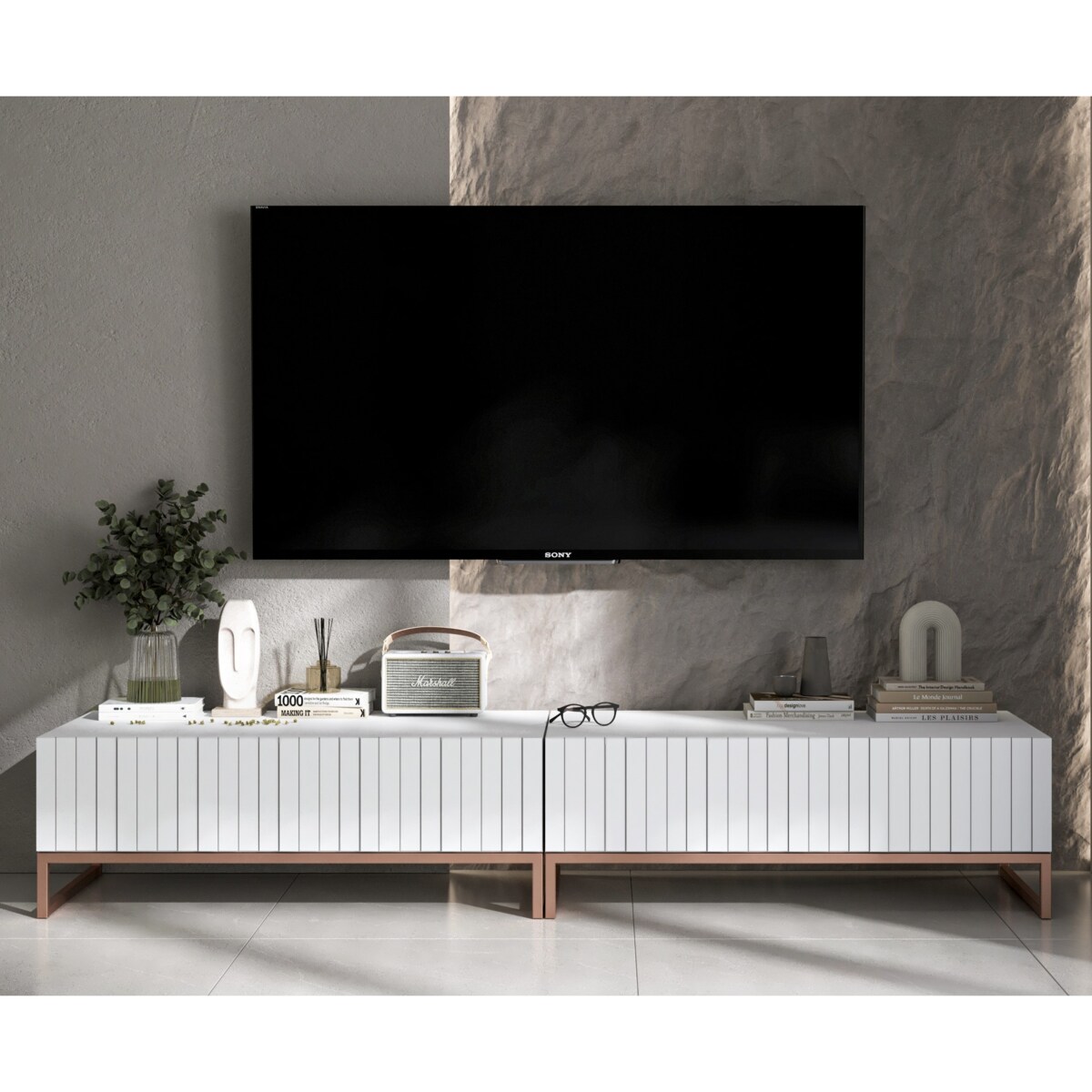 Nowoczesna Szafka RTV Glamour Komoda RTV Ryflowane fronty Biały Mat 220 cm