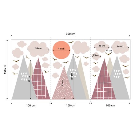 NAKLEJKI ŚCIENNE DLA DZECI RÓŻOWE GÓRY STYL SKANDYNAWSKI CHMURY ZESTAW