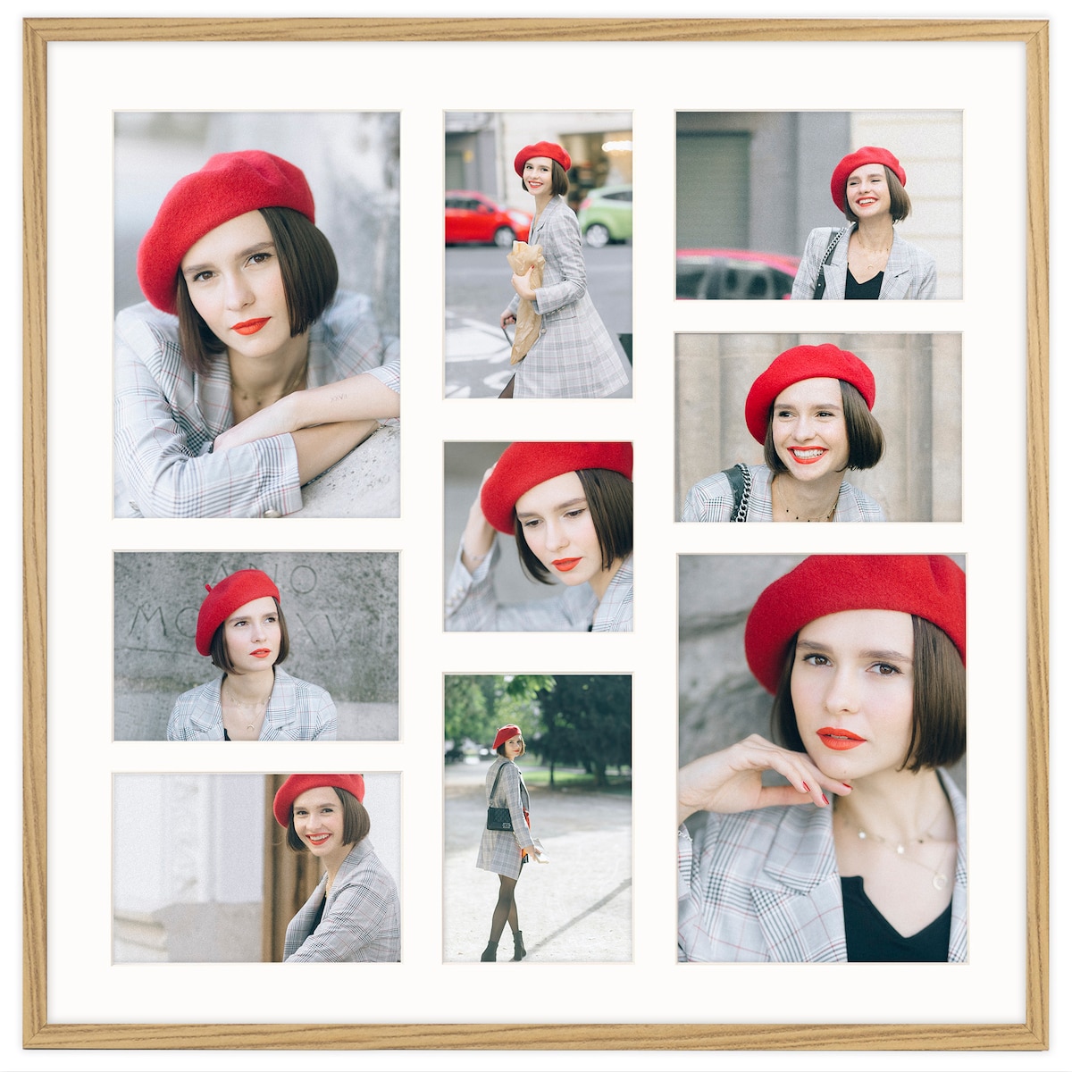 Ramka na zdjęcia 1x 10x10 6x 10x15 2x 15x21 dębowa galeria na 9 zdjęć multirama 50x50 FRAMAI