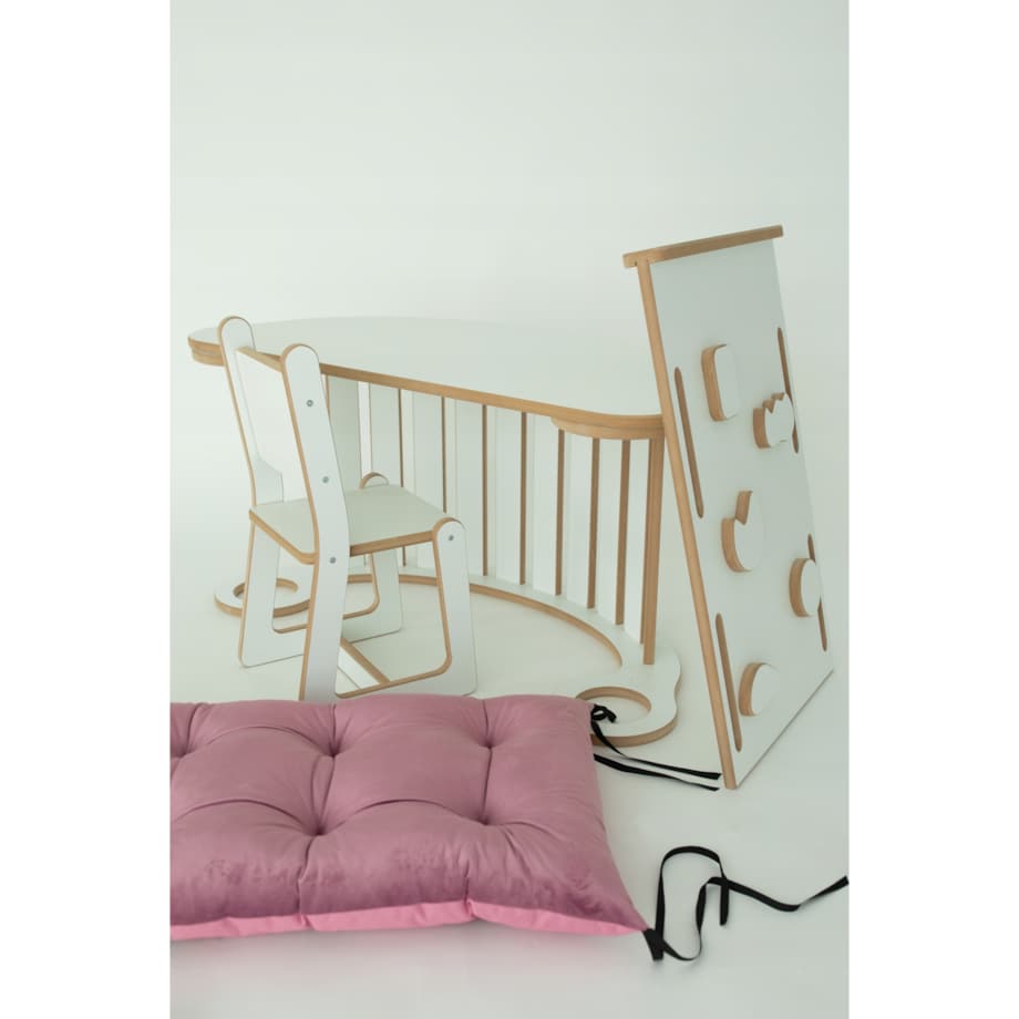 Zestaw BUJAK MONTESSORI Poduszka RÓŻ +Ścianka + Krzesło Blat Zjeżdżalnia CE