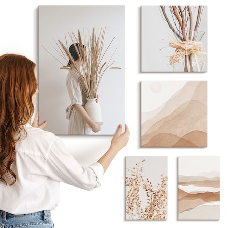 Zestaw 5 obrazów na płótnie - Stylowe boho rośliny krajobrazy - beżowy